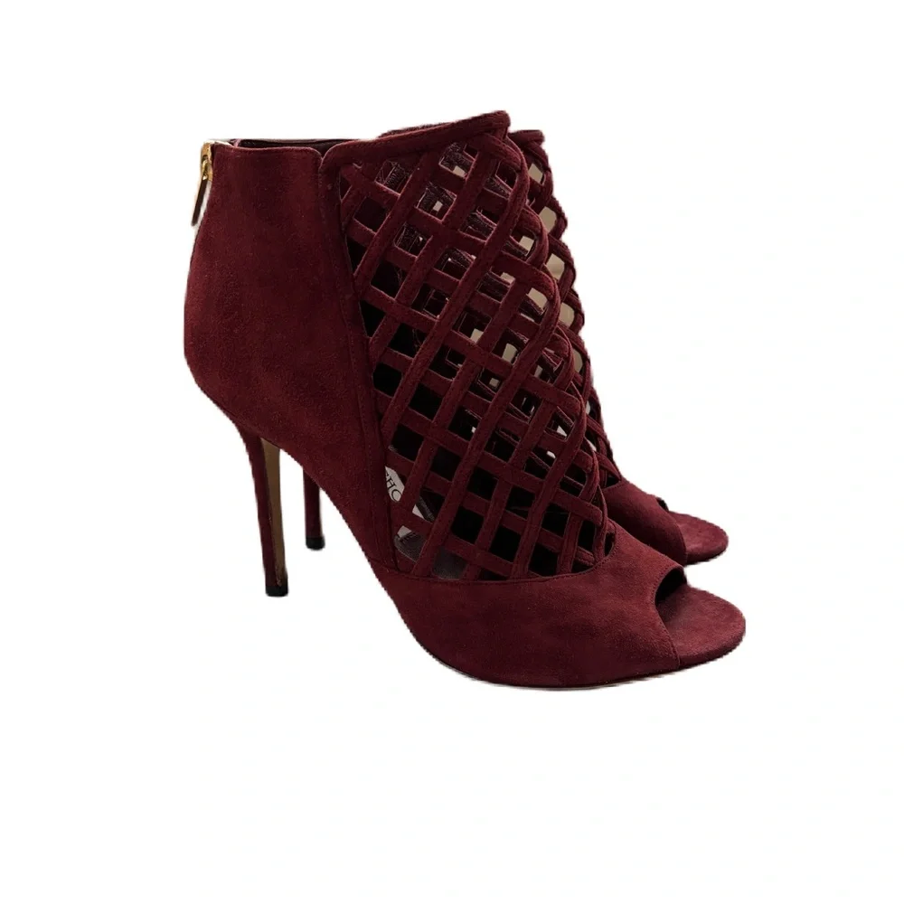 Jimmy Choo Claret Suede Drift Cutout Stiletto Heels Caged‎ Size 38.5 Size 38 1/2